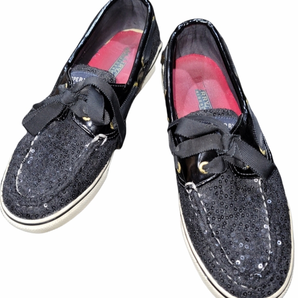 Sperry Black Sparkly Sequin Docksider Boat Deck Shoes sz 7 - Picture 1 of 7